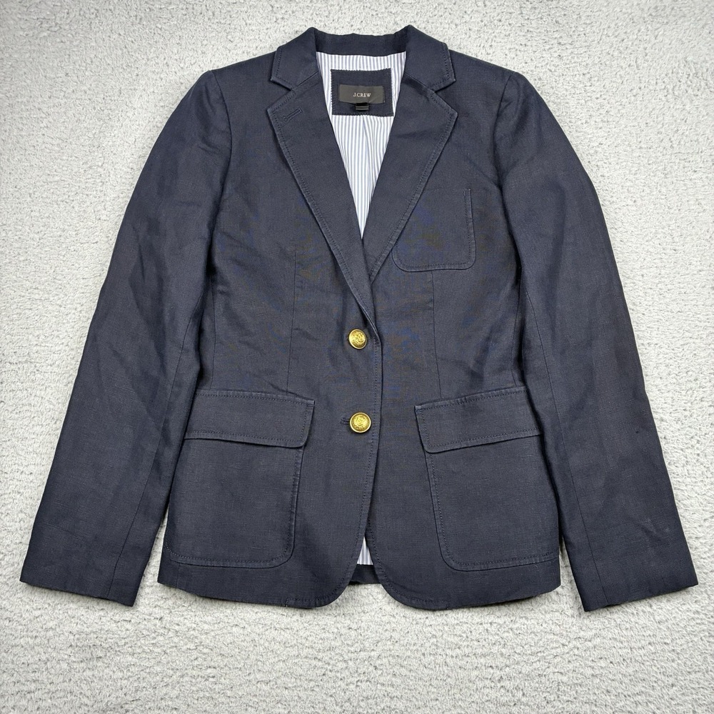 J.Crew Rhodes Blazer Womens Size 4 Navy Linen Gold Crest Buttons Nautical Preppy